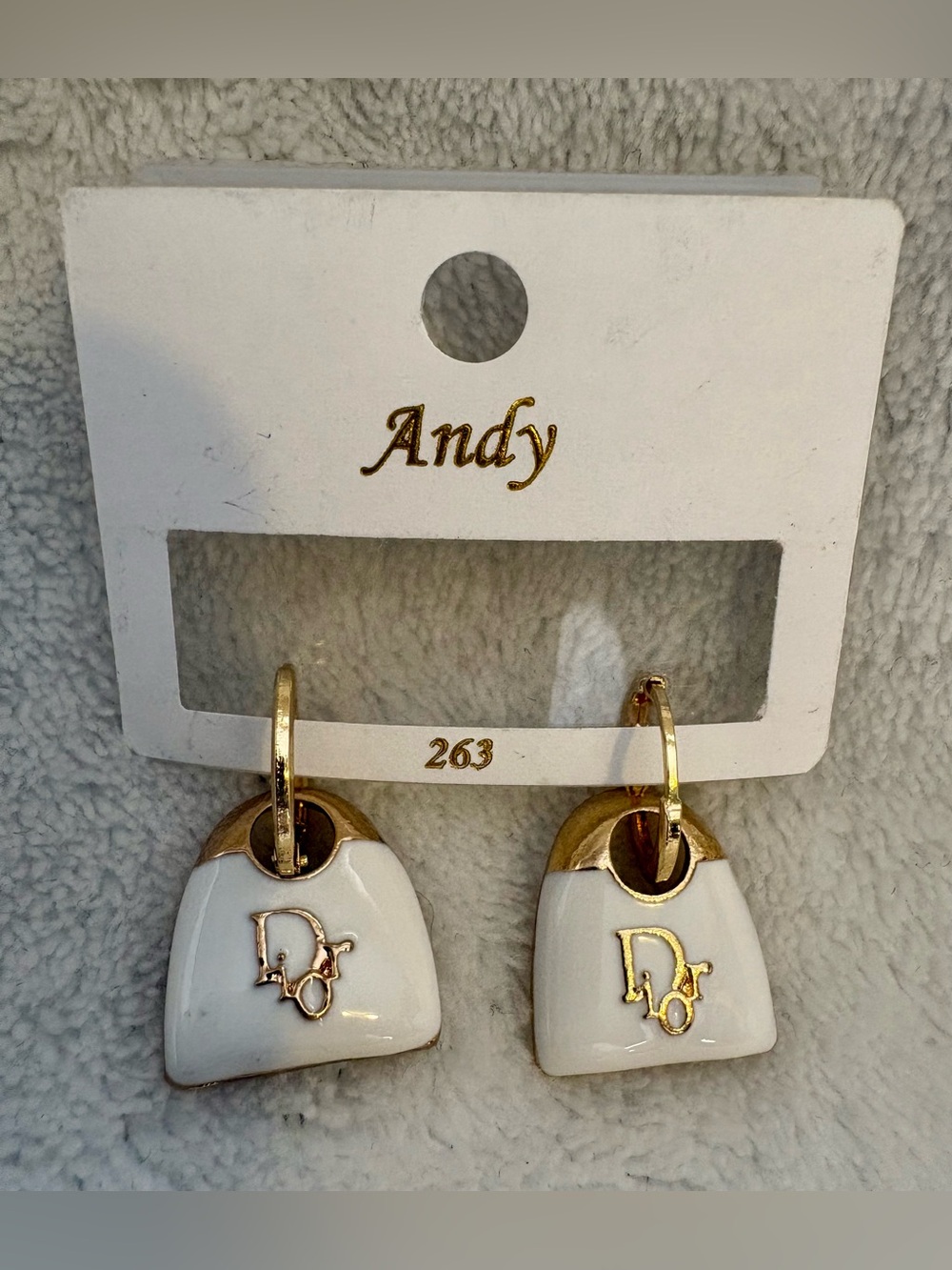 White and Gold Fashion Logo Drop Earrings